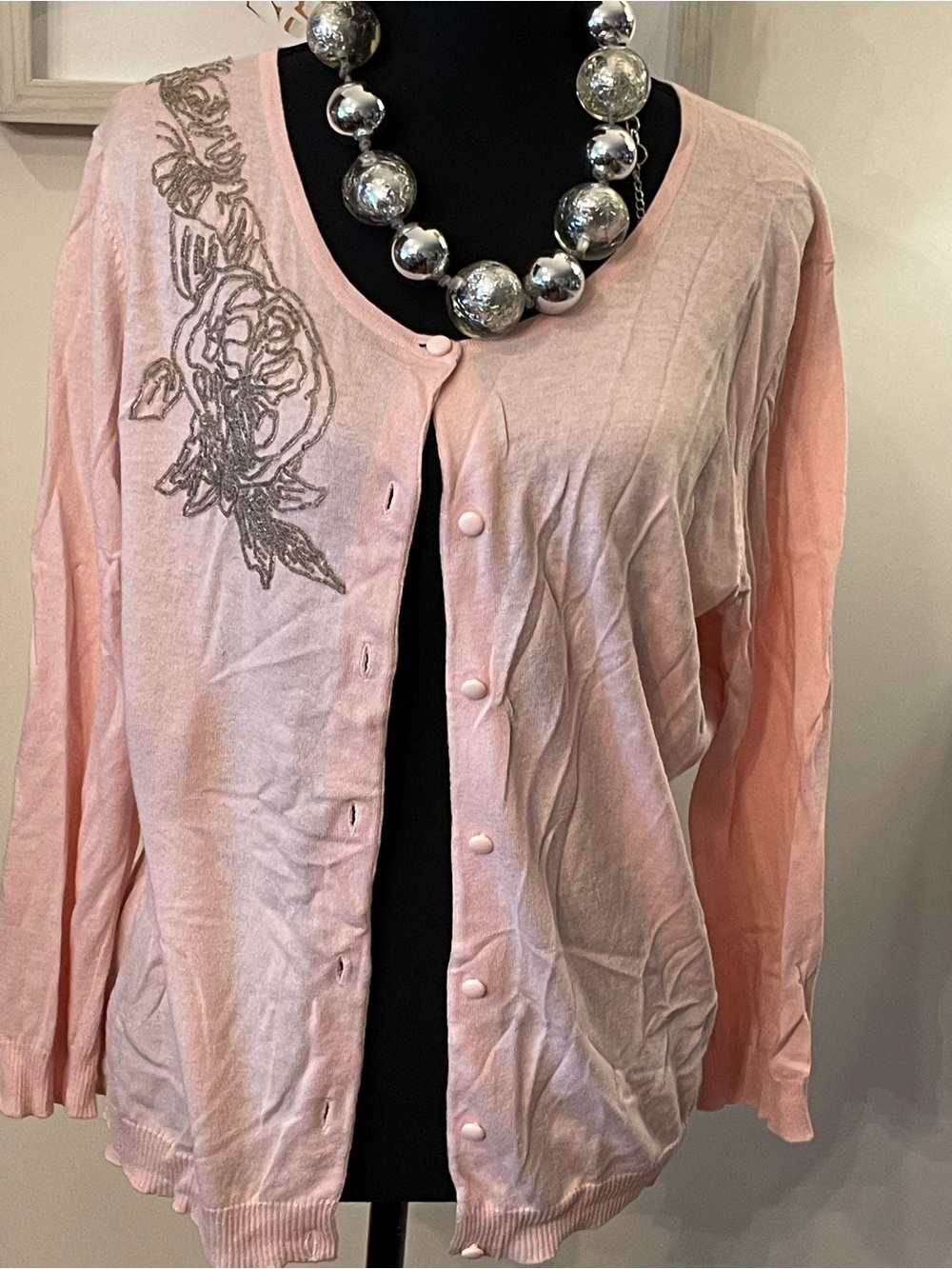 NWT Cable & Gauge Light Pink Embroidered Button-Front Cardigan XL